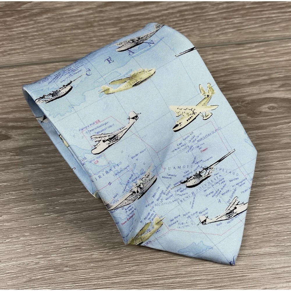 Smithsonian Men's‎ 100% Silk Oceanic Planes Boats Map Tie Blue